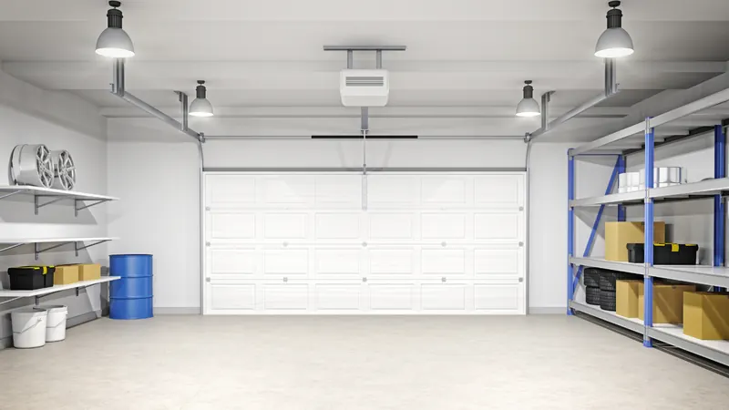 Empty two-car garage with a white garage door, metal shelving units along both side walls and hanging ceiling lights